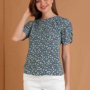 Floral Crew Neck Ruched Sleeve Casual Blouse Blue/XS - Allegra K catalog
