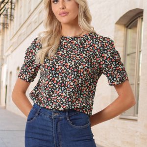 Floral Crew Neck Ruched Sleeve Casual Blouse Navy/XL - Allegra K catalog