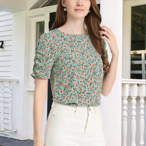 Floral Crew Neck Ruched Sleeve Casual Blouse Teal/M - Allegra K catalog