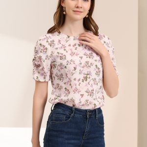 Floral Crew Neck Ruched Sleeve Casual Blouse Beige Pink/M - Allegra K catalog