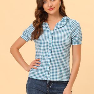 Plaid Blouse Puff Sleeve Ruffle Peter Pan Collar Shirt Top Blue/L - Allegra K catalog