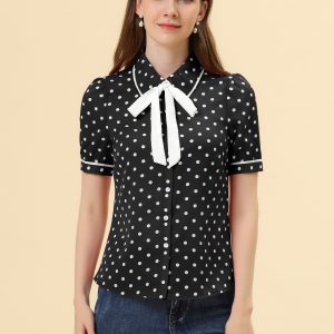 Polka Dot Peter Pan Collar Bow Tie Neck Puff Sleeve Vintage Shirt Black/XS - Allegra K catalog