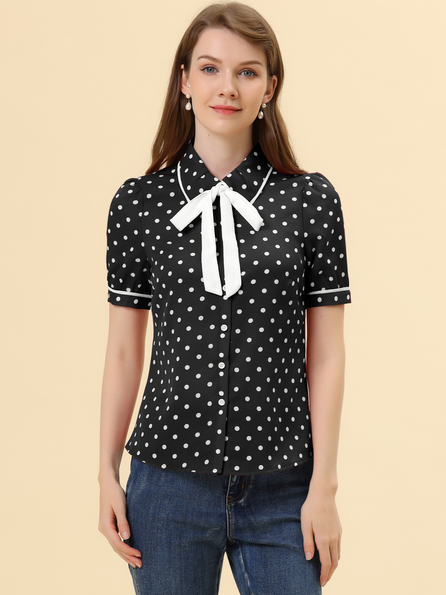 Polka Dot Peter Pan Collar Bow Tie Neck Puff Sleeve Vintage Shirt Black/L - Allegra K catalog