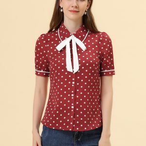 Polka Dot Peter Pan Collar Bow Tie Neck Puff Sleeve Vintage Shirt Burgundy/S - Allegra K catalog