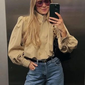 Women's Jackets Fashion Stand Collar Short Jacket Women Long Sleeve Single-breasted Pleated Coat 2025 Autumn Lady Outwears Street