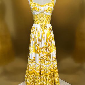 Women 100% Cotton Dress Summer Fashion Spaghetti Strap Yellow Porcelain Printing Party Holiday Vestidos Sliming Lady