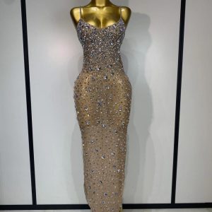 Casual Dresses Luxury Rhinestones Sexy Mesh See Through Bodycon Dress Women Birthday Evening Cocktail Party Gown Red Carpet Club Stage