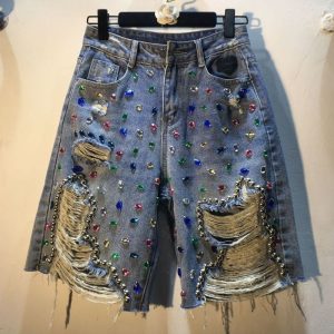 Women's Jeans New High-Waisted Slim-Fit Straight-Leg Cropped Pants with Embellished Rhinestones and Beads, Featuring Distressed Details