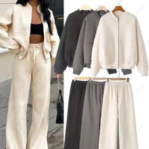 Women's Tracksuits Women Sweatsuit Set Vintage O-neck Zipper Bomber Jackets High Waist Loose Pants Suit Female 2025 Spring Fashion Lady