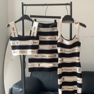 Women new designer all over logo letter print bandage crop top vest and skirt twinset 2 pc dress suit SML