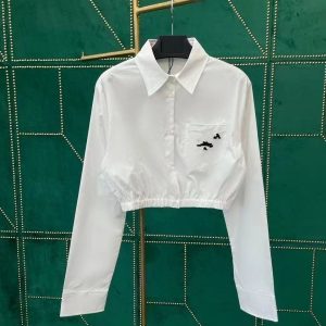 Women fashion designer long sleeve logo letter embroidery shirt high waist short blouse SMLXL