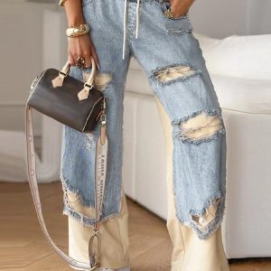 Women's Jeans Casual Patchwork Women Loose Drawstring Low Waist Pockets Zipper Straight Leg Pants Spring Summer Street Lady Trouser