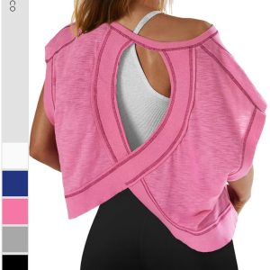 Women's T Shirts Fashion Going Out Tops For Women Cutout Open Back Summer Crop Top Loose Fit Short Sleeve Tee Workout Beach Covers