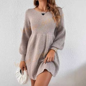 Designer womens Basic & Casual Dresses Autumn Winter Casual Loose Solid Color Lantern Sleeve High Waist A-line Dress Round Neck Knitted Sweater Dress