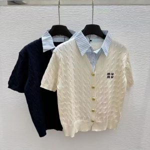 2025 High-end custom spring and summer new sweater small fragrance cardigan fake two-piece stitching Polo neck fashion top