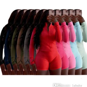 Fashion Womens Tracksuit Sexy Tight Two Piece Set Women Yoga Sets Long Sleeve Zipper Neck Top Blouse And Shorts Pants Sports Leisure Track Suit Outfits
