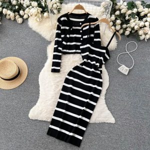 2piece set of Korean Sweet Hit color spliced striped spaghetti strap dress and Vneck long sleeved cardigan 250321