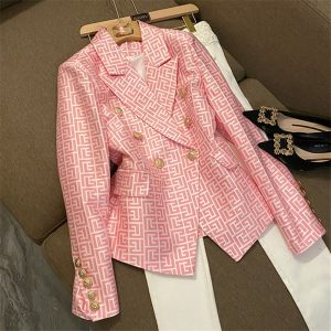 HIGH STREET Designer Jacket Women Pink Lion Buttons Double Breasted Slim Fitting Monogram Jacquard Blazer
