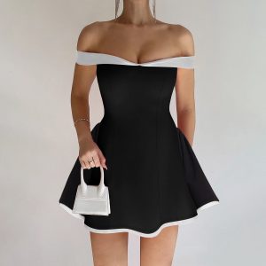 Spring 2026 New Products Of European And American Women's Clothing - Color-matched Off-shoulder Sleeveless Tight-fitting Dress With Ruffled Trim For Ladies