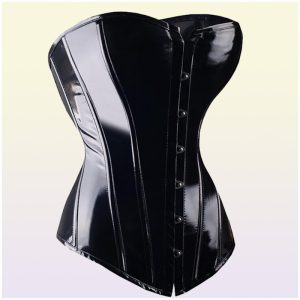 Sexy Black PVC Overbust Corset Steampunk Basque Lingerie Top Goth Rock Corset Sexy Leather Waist Trainer Corset for women Y11192