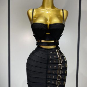 Casual Dresses Women Sexy Black Cut Out Bodycon Bandage Skirt Two Piece Set 2025 Celebrity High Streeet Evening Birthday Club Party Outfits