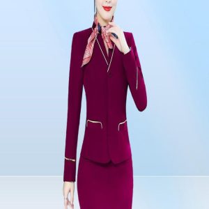 Two Piece Dress Spring Autumn Purple Blazer Set With Skirt ice Suits For Women Airline Stewardess Uniform Work Outfit Elegant 23585344