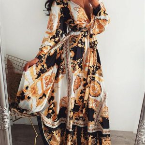 2023 Summer Casual Dresses for Women Boho Wrap Lond Dress Print V-neck Long Sleeve Holiday Maxi Loose Sundress Floral Elegante Dresses Cocktail Party