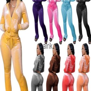 Women Velour Tracksuits Hoodie Sport Two Piece Outfits Pink Velvet Sweatsuits Zipper Pocket Long Sleeve Jacket Bell Wid Leg Pant S5671145