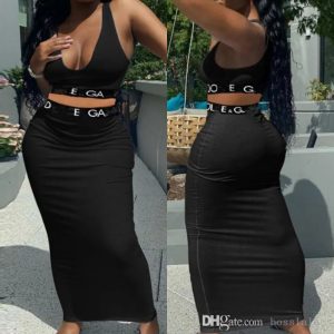 Summer Womens Dresses New Letter Weaving Casual Two Piece Set Fashion Casual Tank Top High Waist Wrap Hip Long Dress