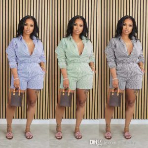 Tracksuit Women Fashion Stripe Two Piece Set Spring Summer Button Flip Collar Long Sleeve Shirt And Shorts Sets For Women Outfits Plus Size S-3XL