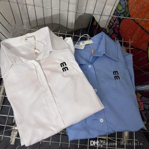 2025 Spring Autumn Designer Womens Shirts Blouses Fashion Embroidery Tops Luxury Base Shirt Womens Long Sleeve Lapel Coat Loose Blue Blouse