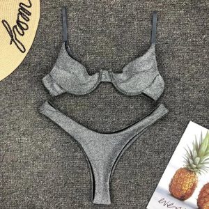 Women's Swimwear Sexy Silver Glitter Bikini 2025 Women Push Up Cut Out Underwire Thong Swimsuit Summer Brazilian Bathing Suit Biquini
