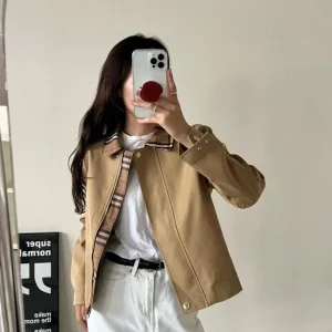 Women's jacket, designer vintage khaki checkered patchwork coat, trench coat, short jacket, 2025 autumn new jacket top