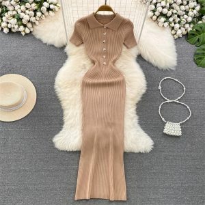 REALEFT Summer Womens Polo Knitted Long Dresses Solid Elegant Short Sleeve Buttons Bodycon Wrap Dress Female 240828