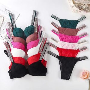 Women's Underwear New Push Up Bra Set Lace Bra Panty Set Sexy Embroidery Deep V Lingerie Set Good Quality Large size rhinestone shoulder strap Pretty Underwear