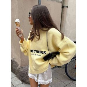 butter yellow letters knitted sweater for women casual oneck long sleeve pullover tops winter daily street loose sweaters
