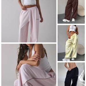 Women's Pants lets Frans Embroidery Women Men Wide Leg Sweatpants High Waisted Baggy Flared Revive Cargo Jogger Daily Wear Loose Yoga Sports y2k
