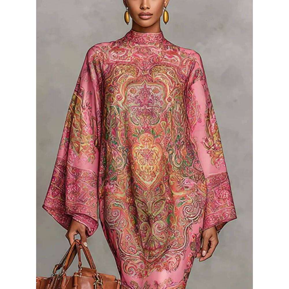 UOOZEE Women's Vintage Printed High Neck Kaftan Dress Long Sleeves Loose Elegant Evening Midi Dresses Robe 2026 New