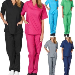 Women039s Pants Capris Solid Color Unisex Men Women Short Sleeve V Neck Nurses Scrubs TopsPants Nursing Working Uniform Set 5865193