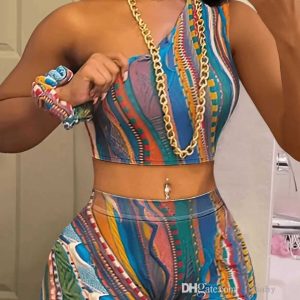 Womens Tracksuit Summer Two Piece Set Fashion Striped Paisley Print Sets One Shoulder Tank Top And Shorts Outfits