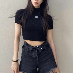 Women's T Shirts CINESSD 2023 Summer Casual Half Turtleneck Letter Sweater Fashion Short Sleeve Navel T-shirt Slim Fit Girl Style Top