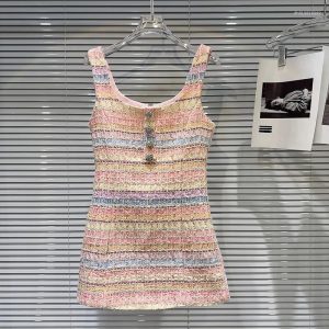 Casual Dresses Female Elegant Contrast Color Sleeveless Dress Summer Fashion Diamond Flower Buckle Woven Tweed Slimming