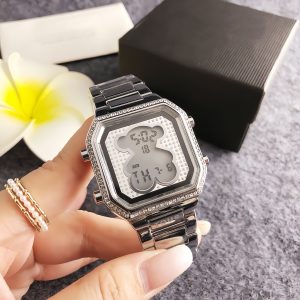 New Arrival Fashion Women Men Silver Rose Gold Pink Stainless Steel Color Zircon Bear Electronic Watch Square Wire Pulsera Span Jewelry