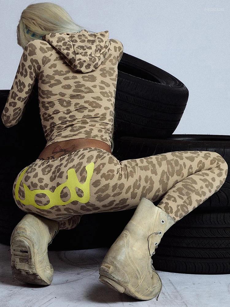 Women's Tracksuits Weird Puss Tie Leopard Tracksuit 2-Piece Set Women Letter Print Zip Hooded Crop Jacket Leggings Stretch Sporty Street
