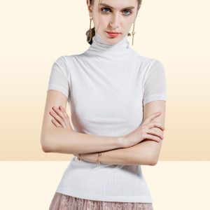 Womens Short Sleeve TShirt Womens Turtleneck Mesh Bottoming Shirt Summer New Solid Color Tight Shirt Asian Size2528354