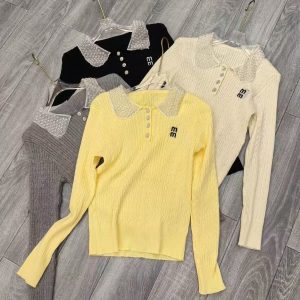 European-style light luxury autumn heavy industry doll collar nail bead knitted long-sleeved top new letter embroidery women's wear