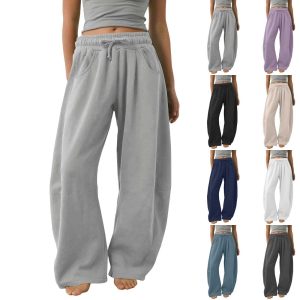 Womens Barrel Leg Sweatpant Solid Color Drawstring Elastic Waisted Wide Leg Pants Casual Comfy Palazzo Trousers With PocketsT251103