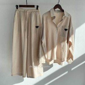 Tracksuits For Women Designer Two Piece Set Long Sleeve Shirt And Pants Party Streetwear Outfits Cotton Linen High Waist Plus Size Slacks Trousers Suit For Woman