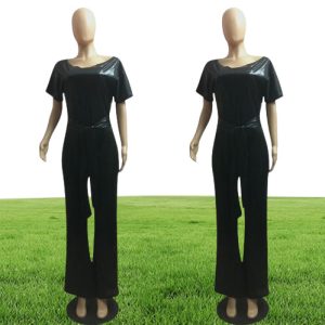 fashion shiny party women039s sequined jumpsuits sexy skew collar short sleeve rompers wide leg pants laceup fashion over
