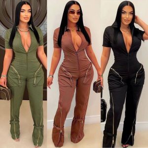Casual Jumpsuits For Women Rompers Short Sleeve Zipper Pocket Jumpsuit Workwear Sexy Deep V-neck High Quality Bodysuit Onepiece Suit